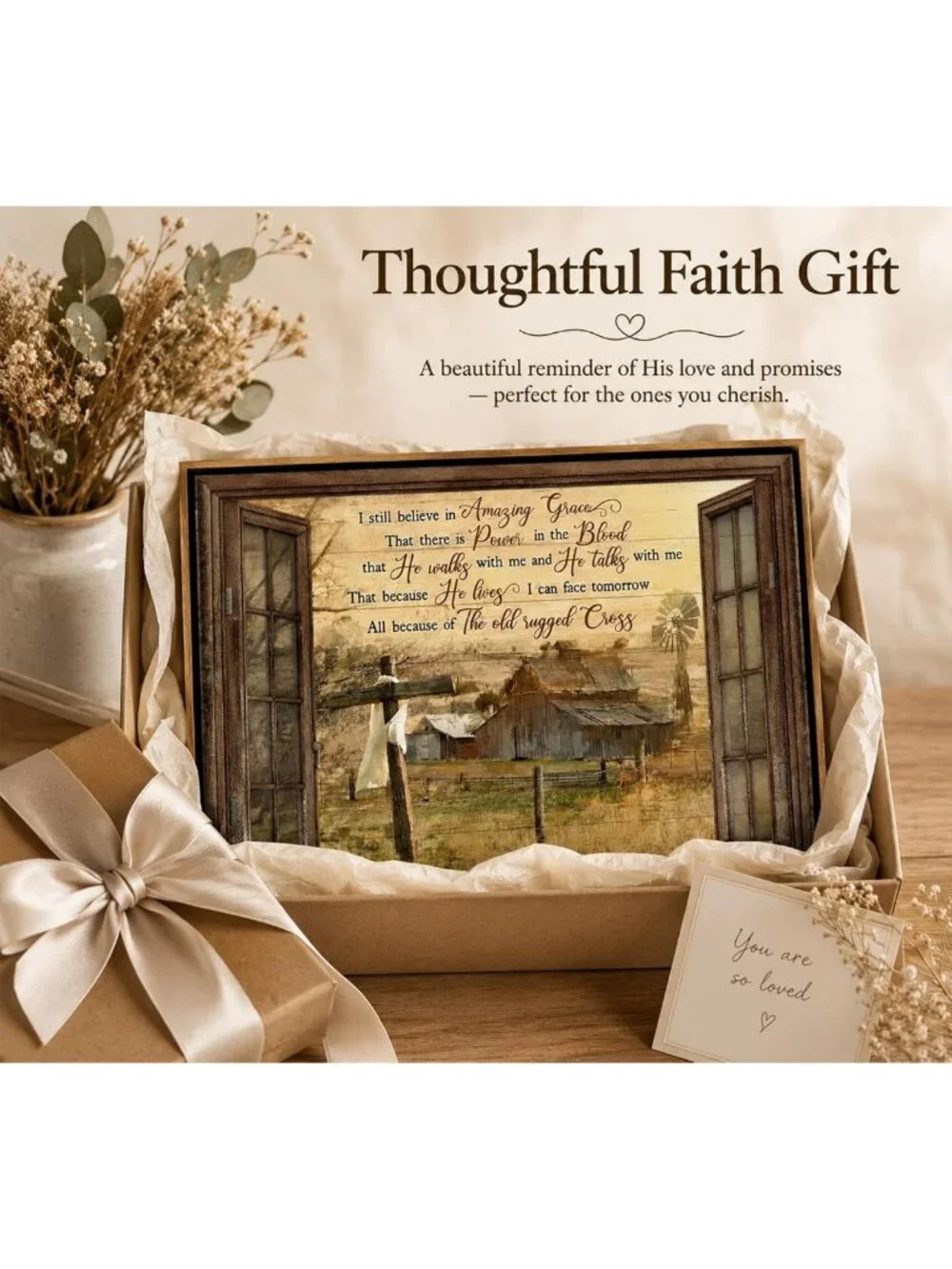 Rustic Christian Canvas Wall Art - Amazing Grace Cross Windmill Decor 12x16
